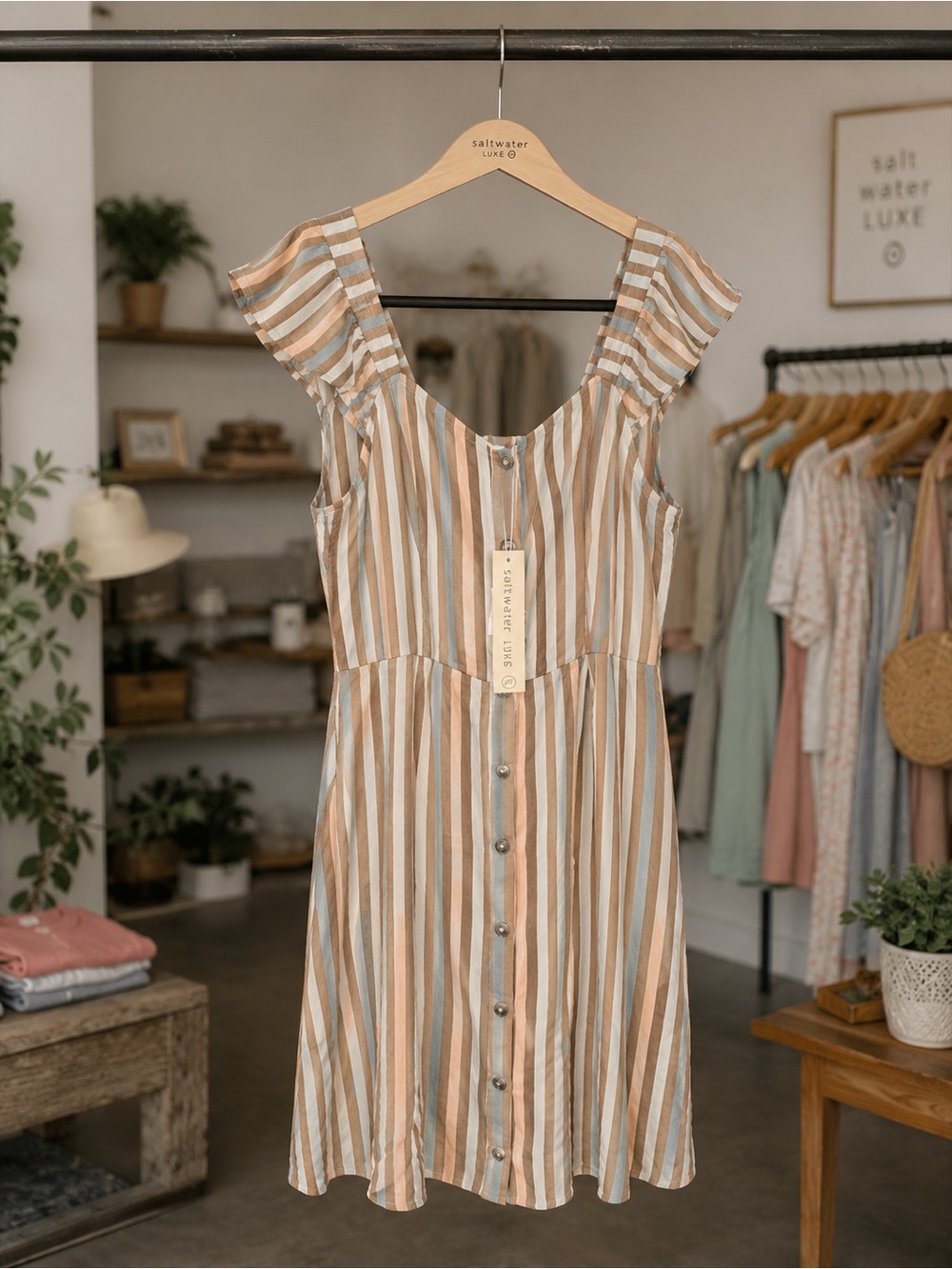 saltwater LUXE Beige and Light Blue Striped Midi Dress